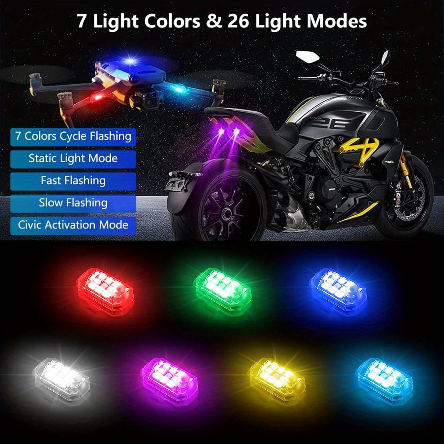 7 Colors Remote Control Motorcycle LED Strobe Light Bike USB Flash Warning  Light