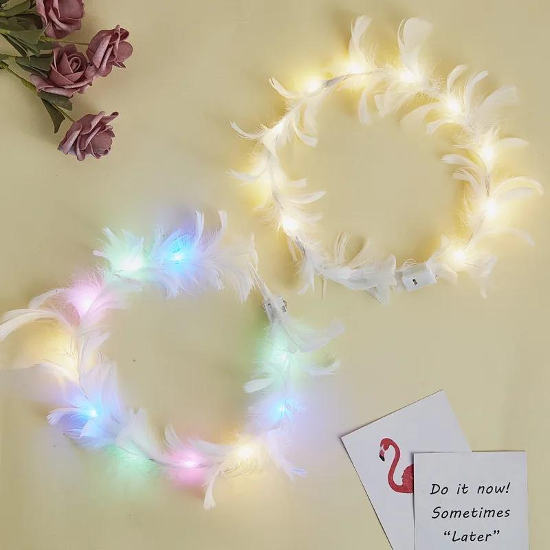 1pc Glowing Faux Feather Fairy Wreath Headband LED Light Flash Faux Feather  Headpiece Glow In Dark Halloween Decor Hair Styling Accessories