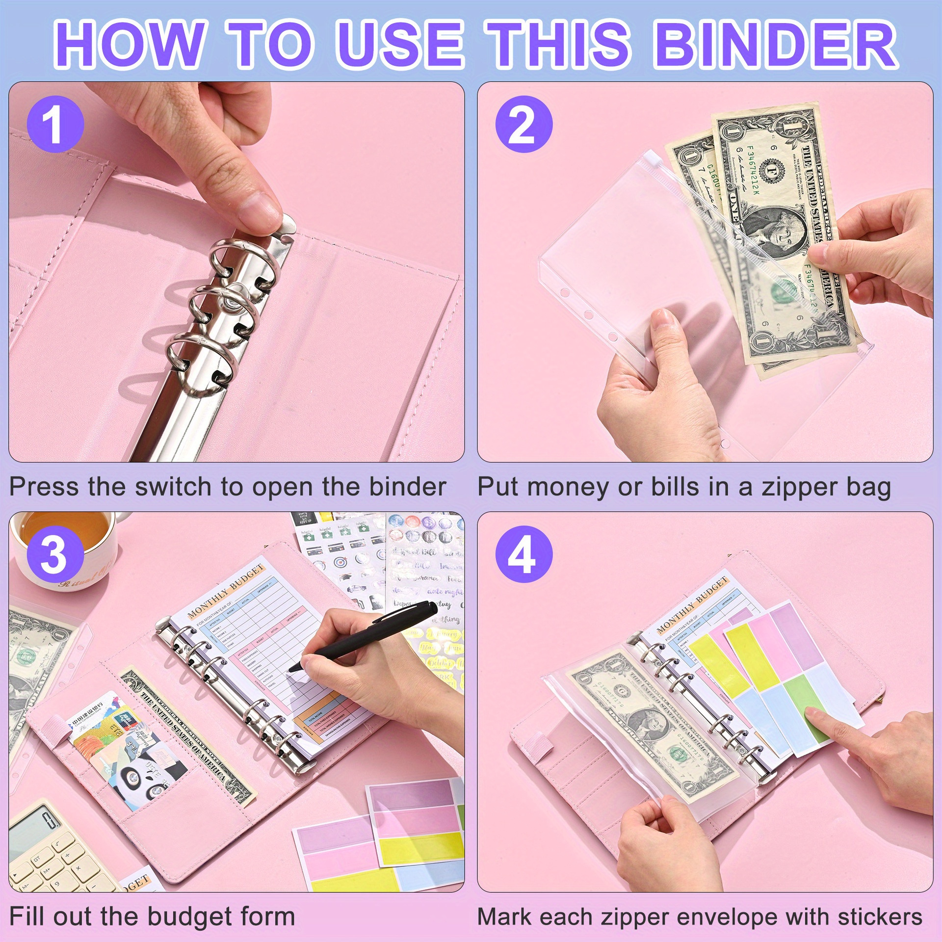 6 Budget Binder Money Organizer for Cash,Money Saving Binder with Zipper  Pockets