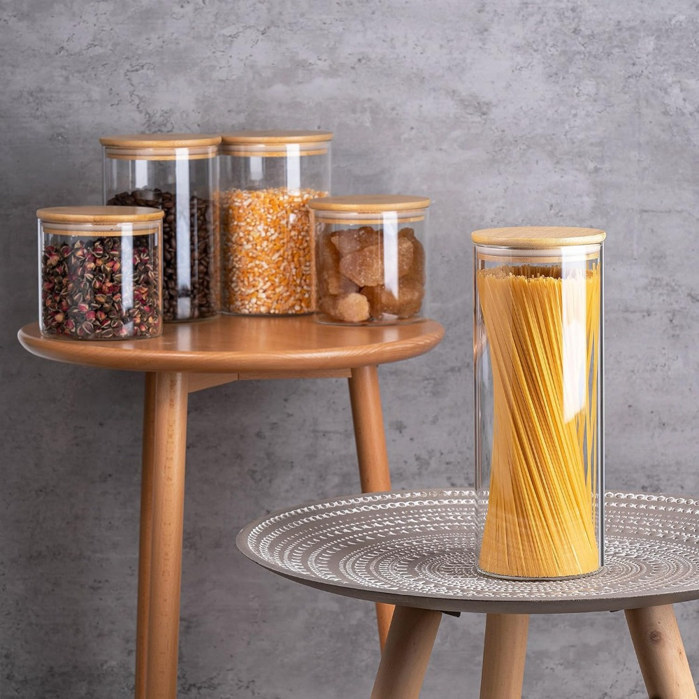  Glass Storage Jars with Airtight Bamboo Lid[Set of 4],Clear  Glass Food Storage Containers,Stackable Kitchen Canisters for Coffee,Candy, Cookie,Sugar,Flour,Pasta,Nuts and Spice Jars : Home & Kitchen