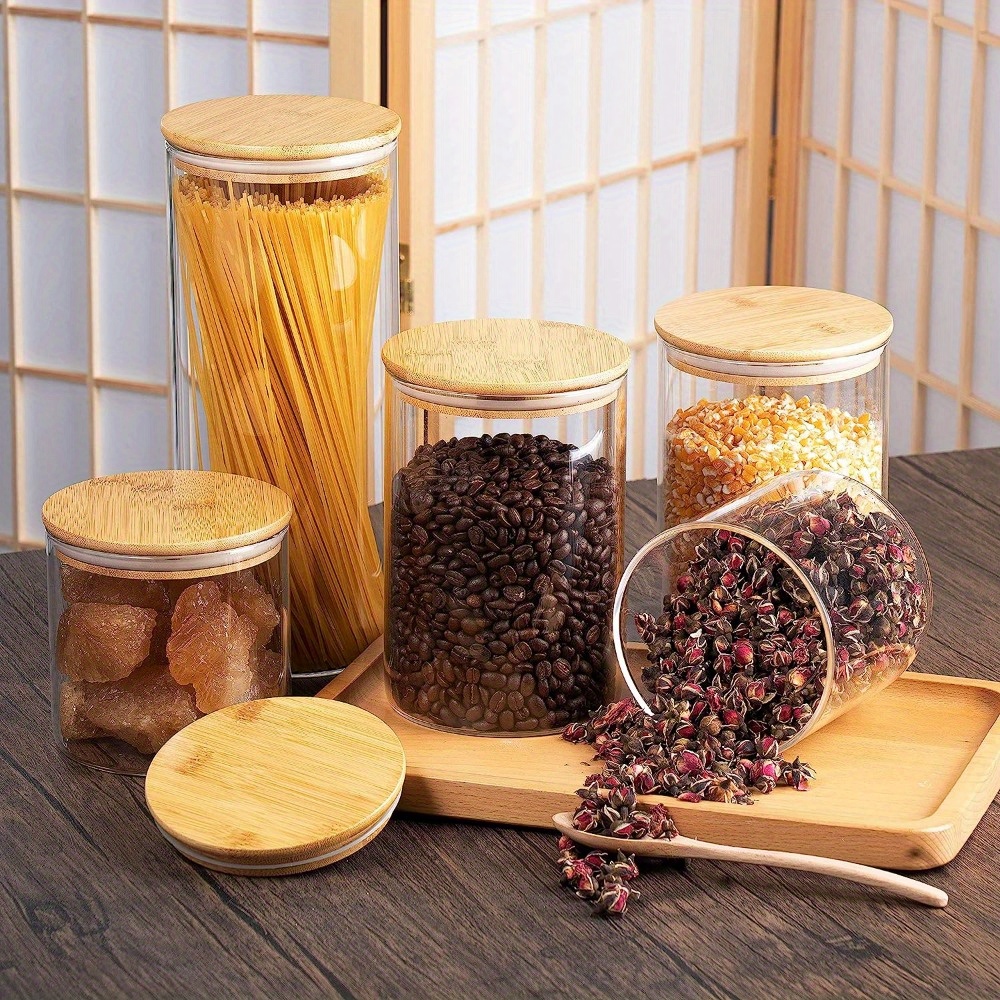 1pc Round Glass Airtight Jar, Seasoning Jars with Bamboo Lids and
