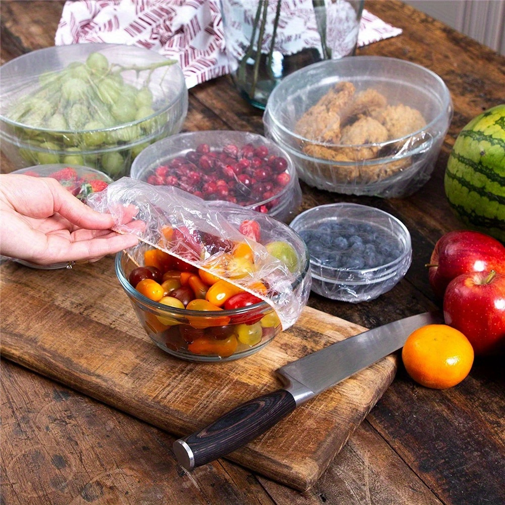 100pcs clear elastic disposable food covers   long     secure   outdoor picnics kitchen use details 3