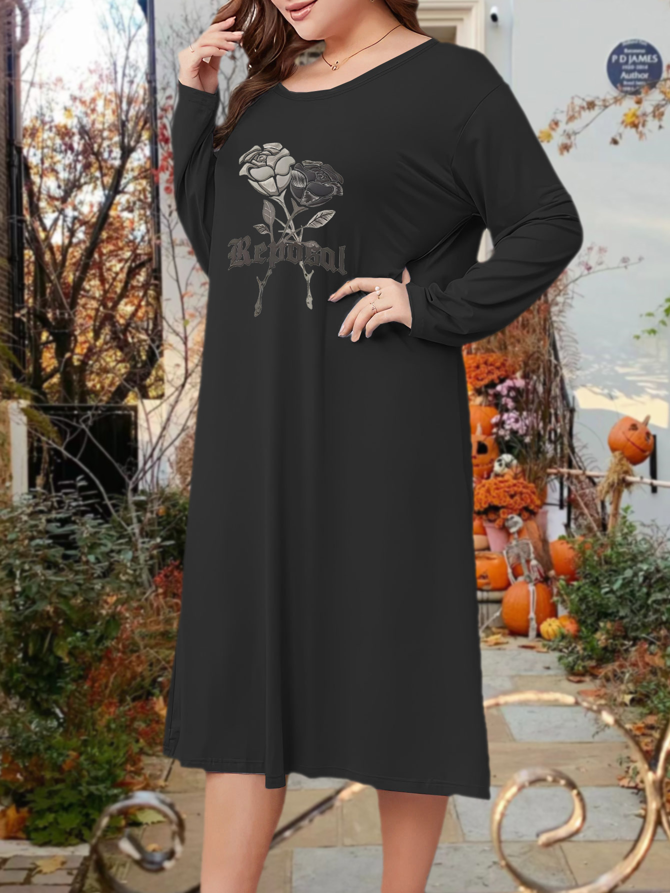 Plus Size Gothic Lounge Dress, Women's Plus Rose & Letter Print Long Sleeve  Round Neck Medium Stretch Tee Sleep Dress