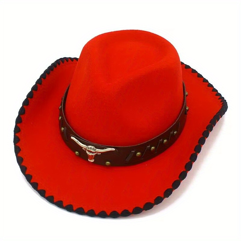 Bull Head Belt Cowboy Hat Solid Color Western Jazz Fedora - Temu