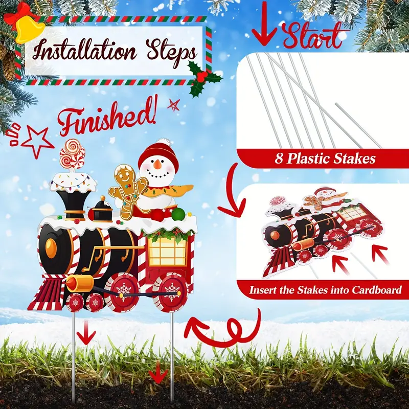 4 Pieces Outdoor Yard Train Lawn Sign Gingerbread Santa Snowman Heart Yard Sign With 8 Yard Stakes For Outdoor Christmas Decorations details 1