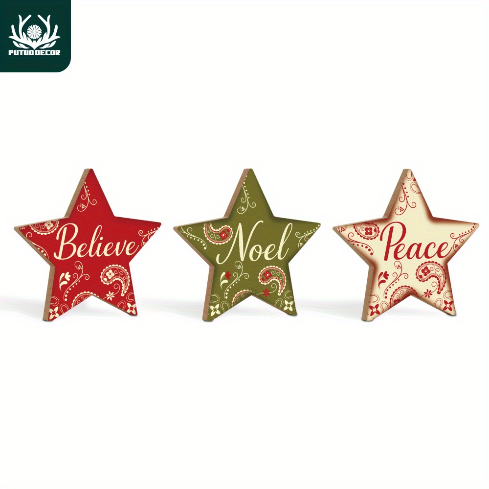 

3pcs Putuo Decor Christmas Star Shaped Sign Table Decoration, Desktop For Cafe Office Fireplace Coffee Shop Farmhouse Xmas Party, 7.5 X 7.1 Inches Gifts