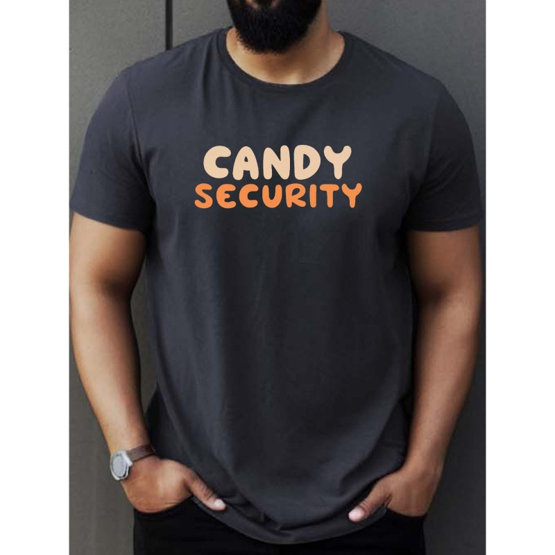 

Halloween Candy Security Letter Graphic Print Men's Creative Top, Casual Short Sleeve Crew Neck T-shirt, Men's Clothing For Summer Outdoor