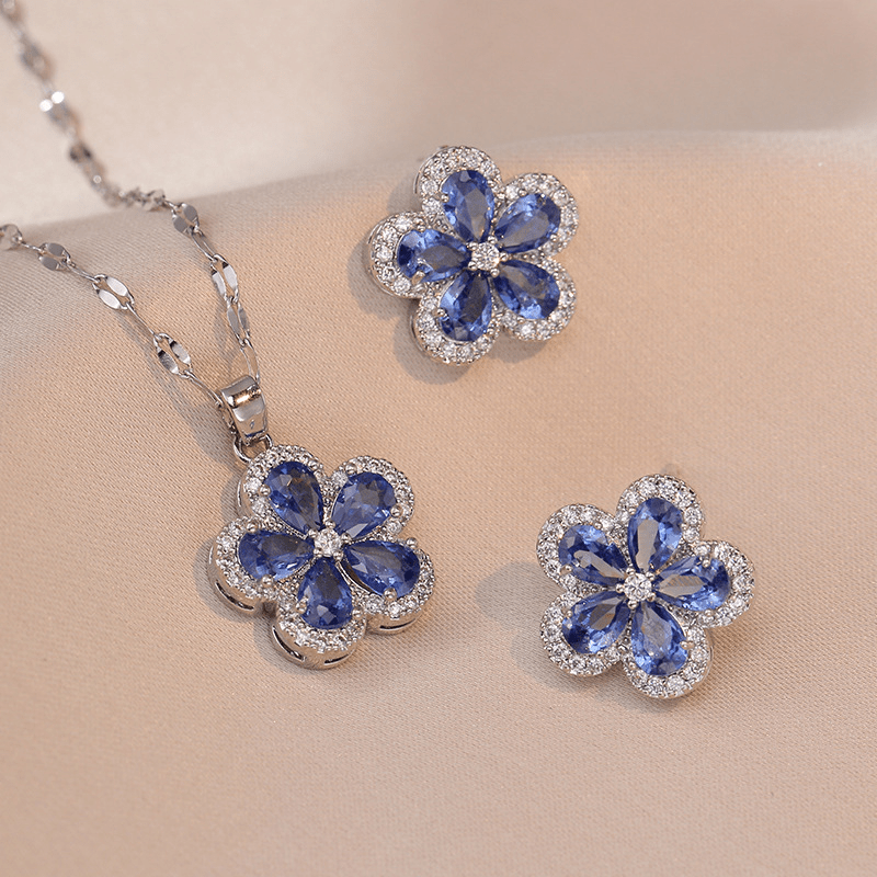 3pcs set fashionable exquisite blue floral jewelry set   womens earrings necklace in stock party wedding additions light luxury niche design christmas gift