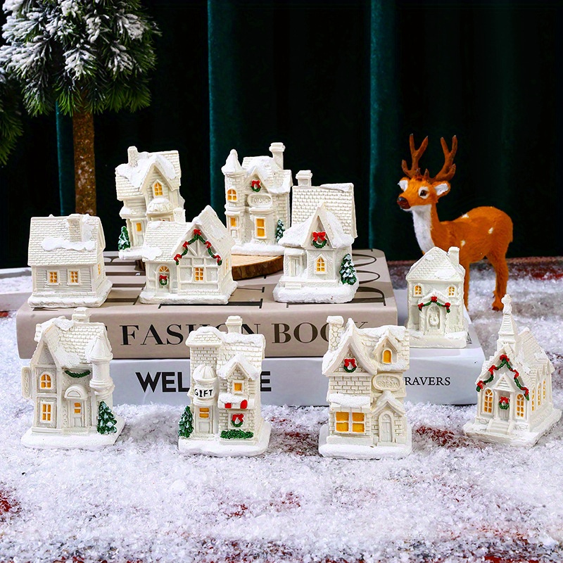 12pcs Mini Noël Village Maisons Led Lumière Bâtiments Résine Miniature Noël  Hiver Noël Led Jouets Cadeau de Noël Pour Enfants