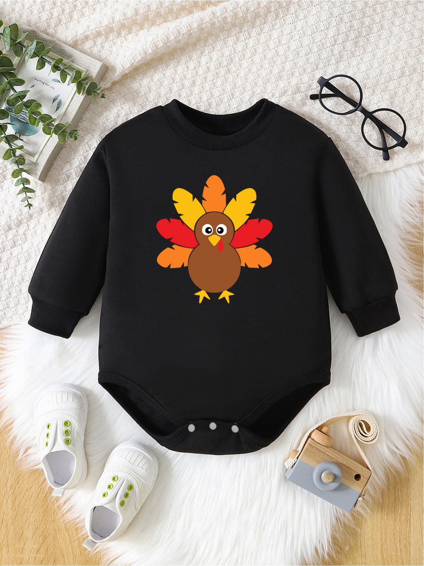 Baby Girl/Boy Thanksgiving Day Turkey and Letter Print Long-sleeve Jumpsuit