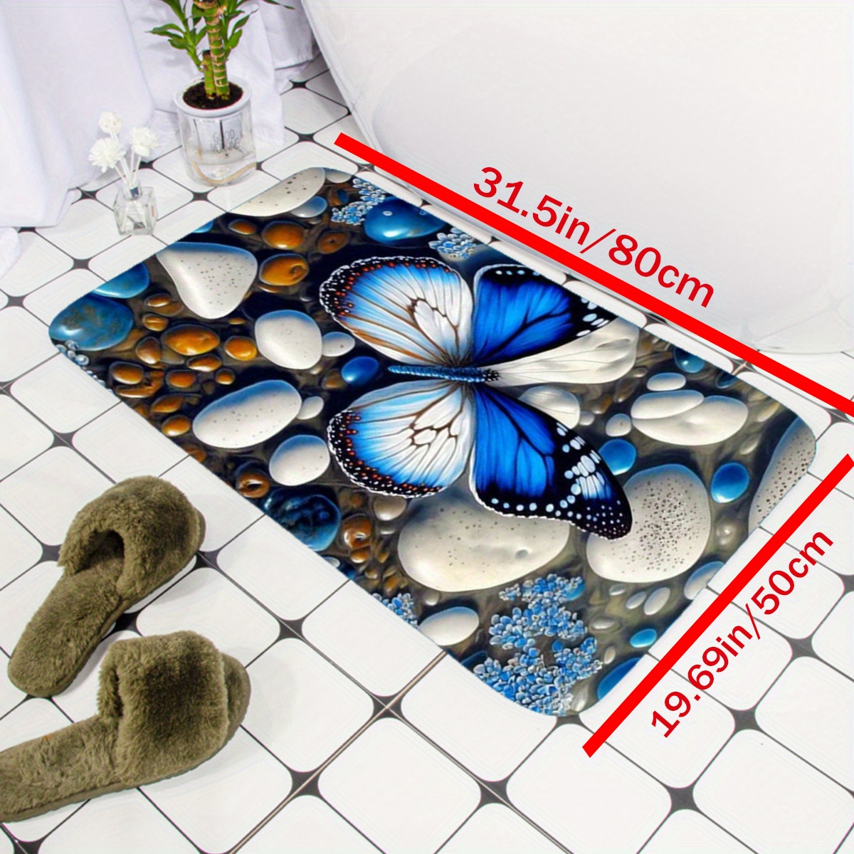 Butterfly and Pebble Patterned Mat, Bathmat, Bathroom Rug, Soft Bath Mat Rug,  Microfiber Rug, Water Absorbent Non-slip,bath Mat,washable Mat 