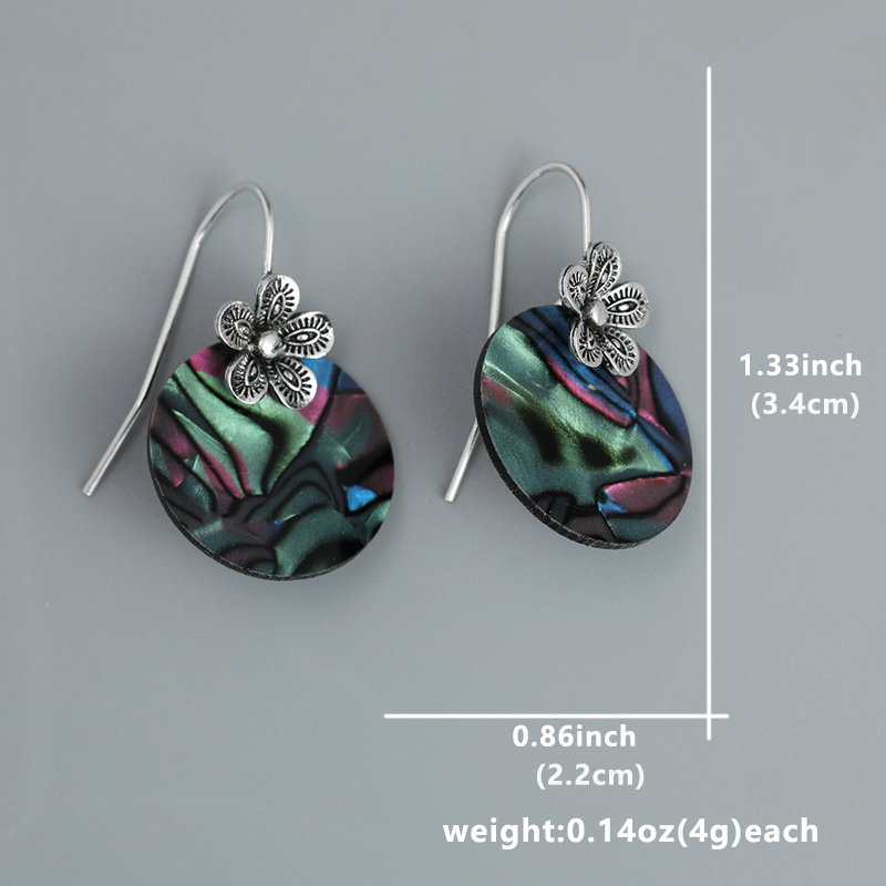 Vintage Hollow Flower Round Abalone Shell Design Dangle Earrings Retro Bohemian Style Holiday Ear Ornaments