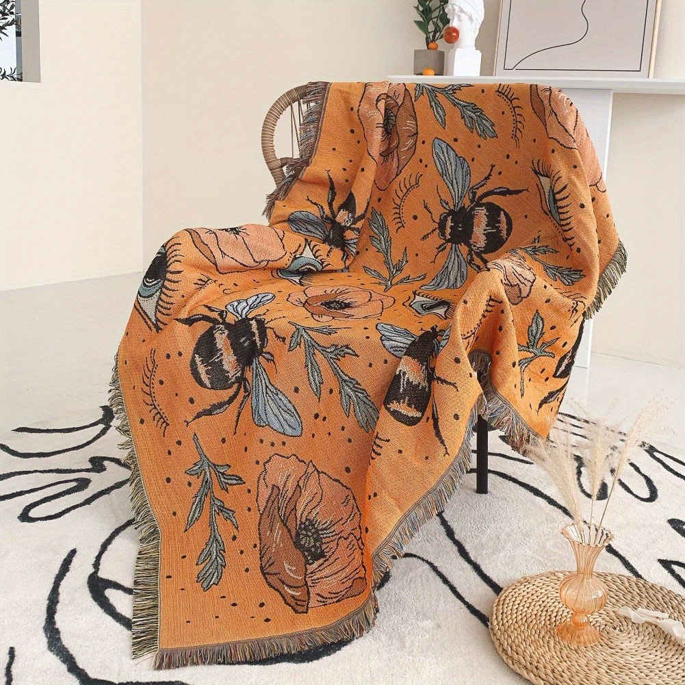 

1pc Bohemian Knitted Bee Pattern Tassel Blanket, Suitable For Picnic Tapestry, Carpet Sofa Blanket,