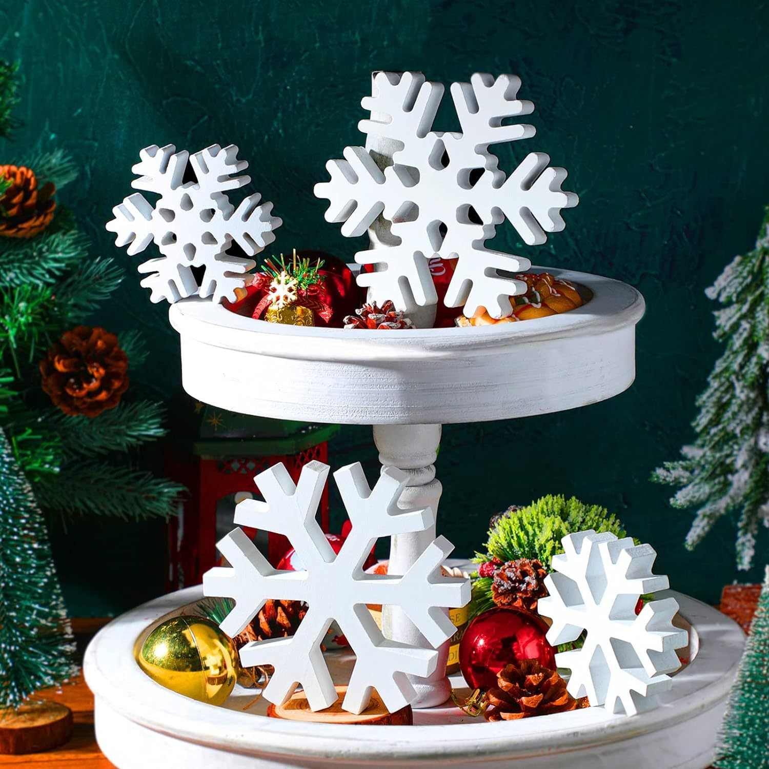 6pcs, Snowflake Decorations, Christmas Snowflake Decorations, White Wooden  Snowflake Centerpiece Ornament Farmhouse Winter Decor, Home Decor For Chris