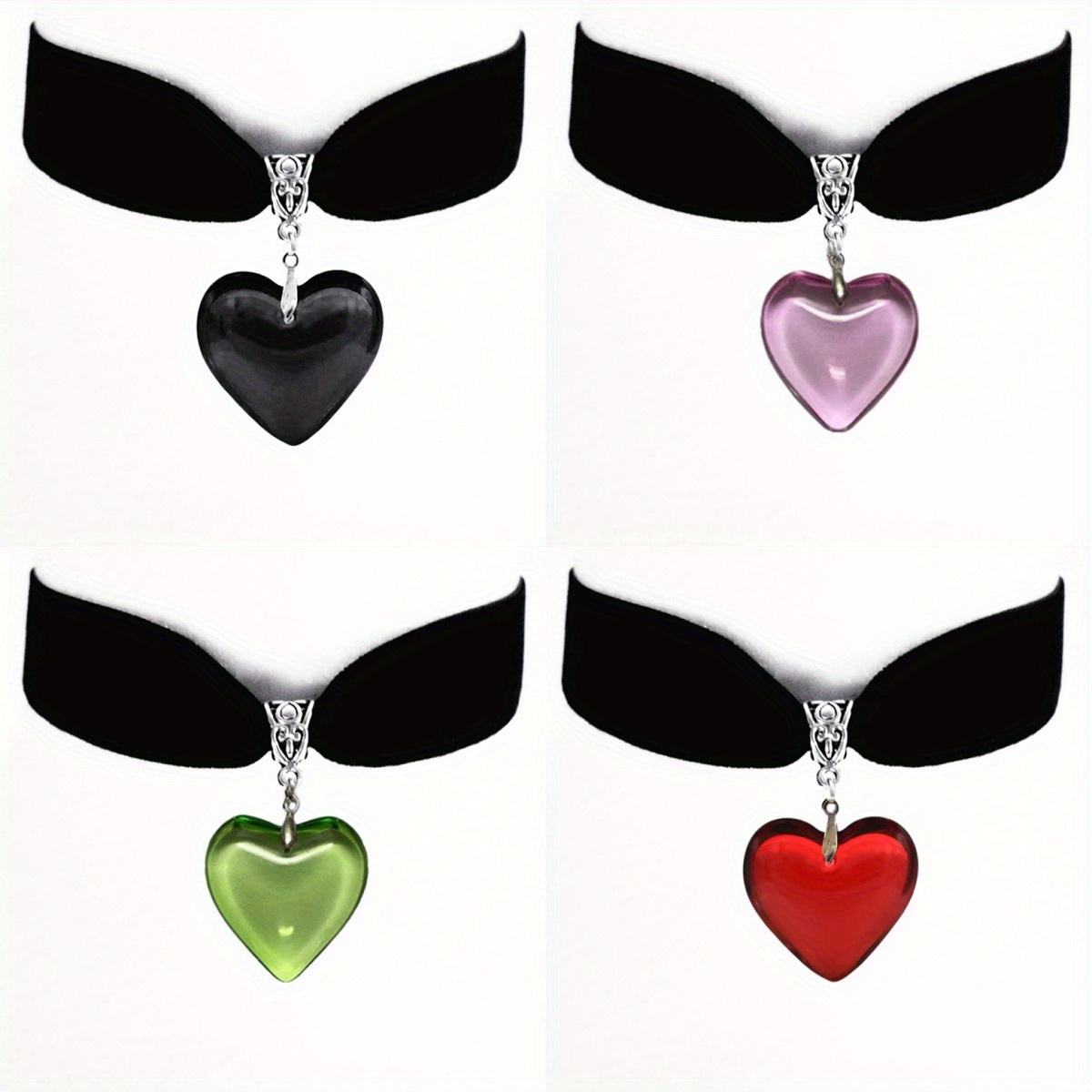 Black Choker Necklace with Crystal Heart Shaped Pendant Ribbon For Women