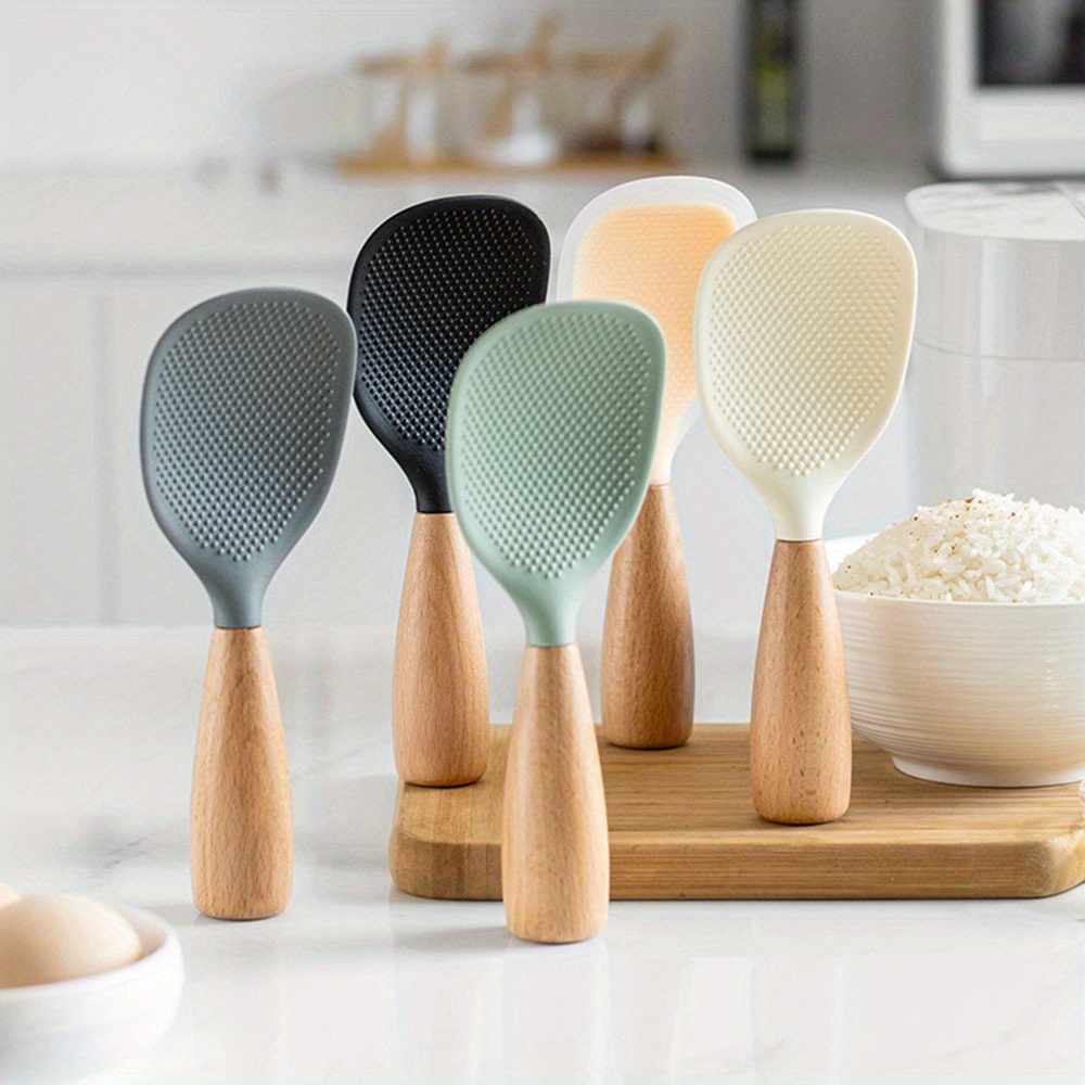 

1pc Silicone Spoon With Wooden Handle, Spatula For Nonstick Pan, Heat-insulation Heat-resistant Spoon For Rice Cooker, For Home Kitchen School Dormitory, Practical Kitchen Tools