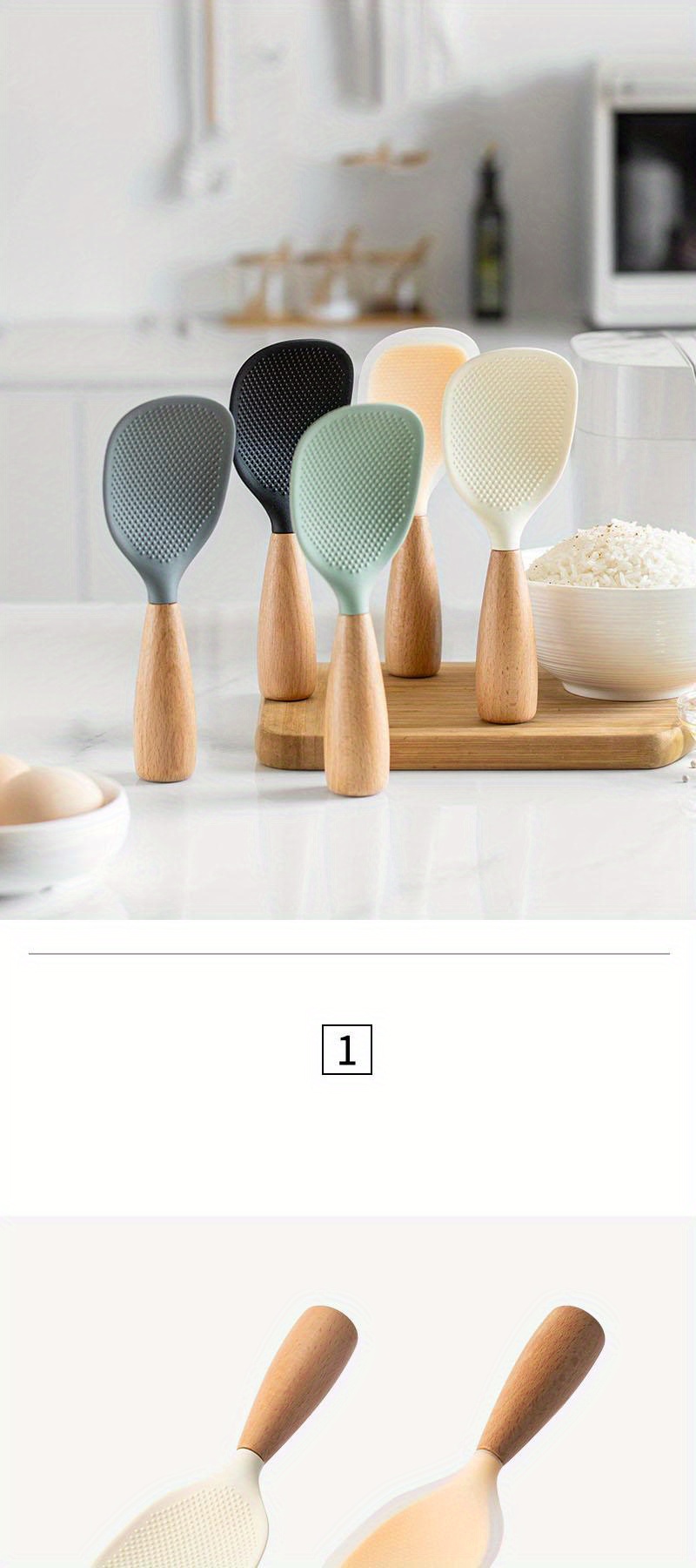1pc silicone spoon with wooden handle spatula for nonstick pan heat insulation heat resistant spoon for rice cooker for home kitchen school dormitory practical kitchen tools details 0