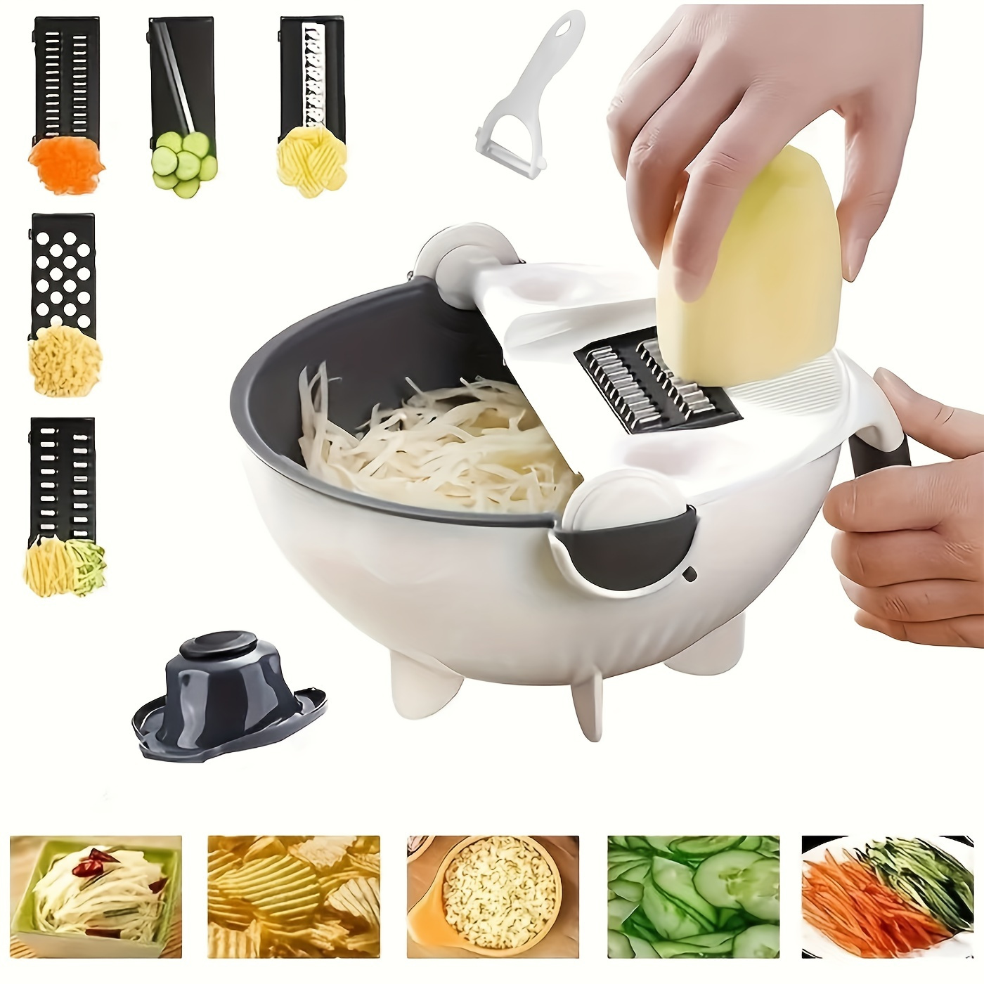 1 set multifunctional manual vegetable chopper and slicer with 5 interchangeable blades plastic fruit and veggie grater with handle cutter with drain basket no electricity required kitchen gadget details 1