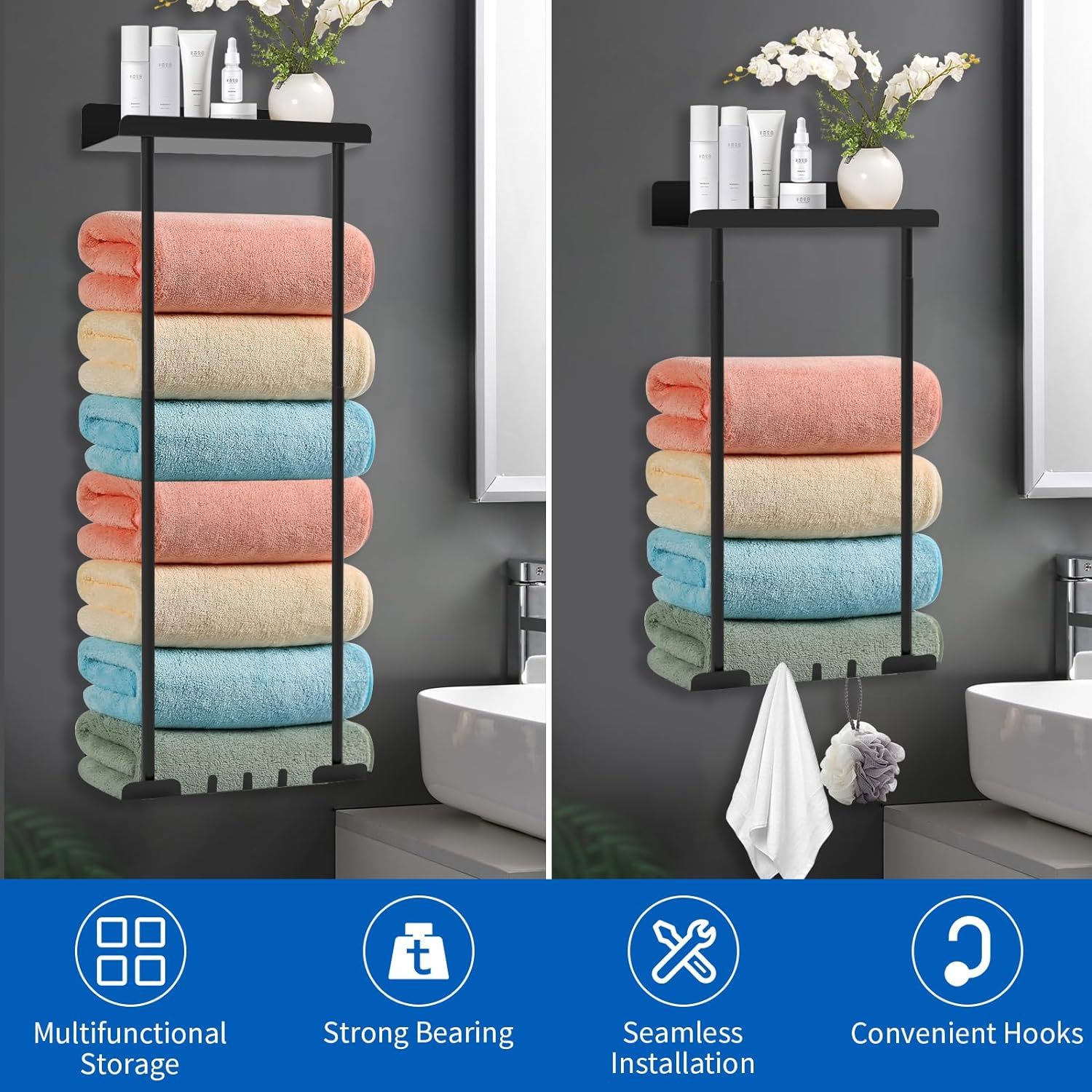  Almacenamiento de toallas de baño, toallero de pared de 3  barras para toallas enrolladas, toalleros para pared de baño, puede  contener hasta 6 toallas de baño, color negro : Hogar y Cocina