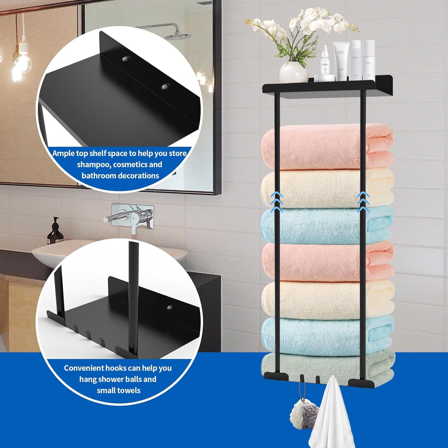  Almacenamiento de toallas de baño, toallero de pared de 3  barras para toallas enrolladas, toalleros para pared de baño, puede  contener hasta 6 toallas de baño, color negro : Hogar y Cocina