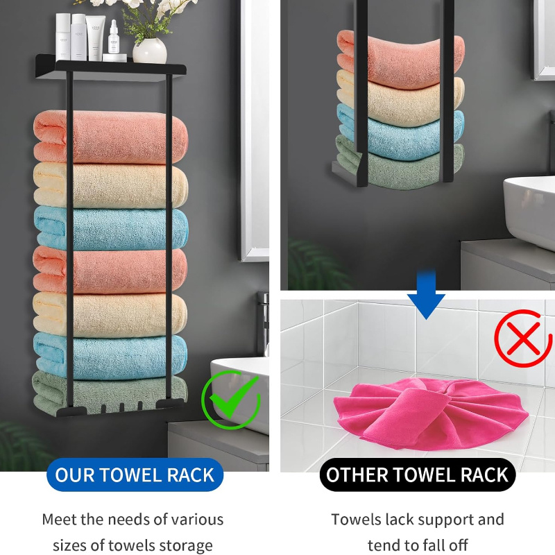 Almacenamiento de toallas de baño, toallero de pared de 3 barras para  toallas enrolladas, toalleros para pared de baño, puede contener hasta 6  toallas
