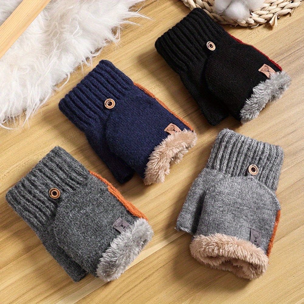 Thickened Velvet Lined Knit Gloves Short Solid Color Plush Cuff Fingerless  Gloves With Thumb Hole Autumn Winter Elastic Coldproof Writing Gloves - Temu