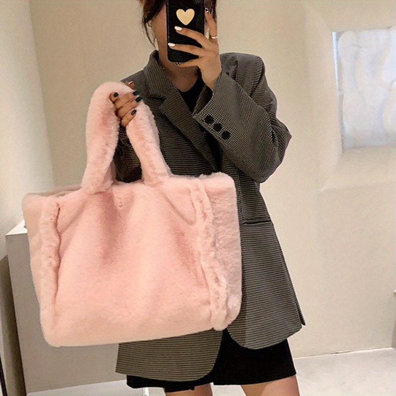 Soft Faux Fur Tote Bag for Women, Kawaii Plush Shoulder Bag, Autumn Winter Luxury Furry Handbag,Temu