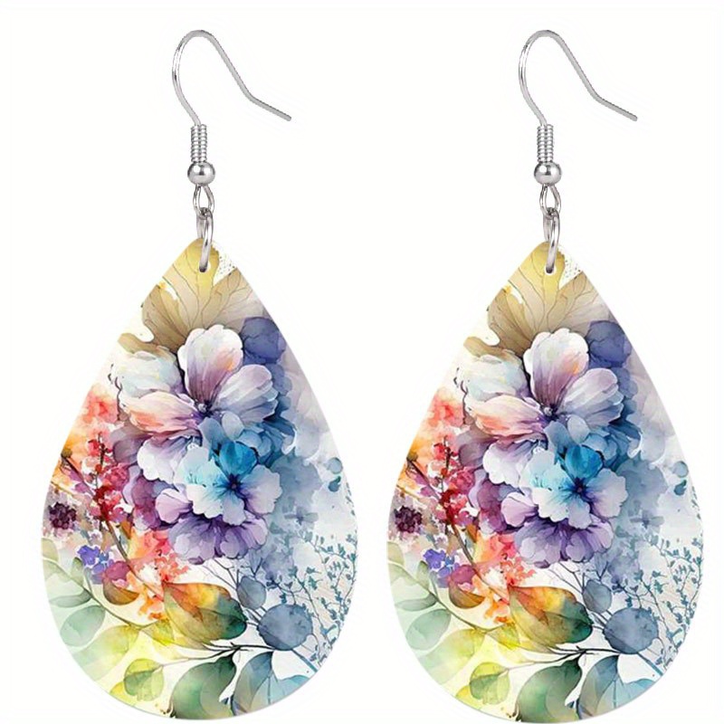 Image of 1 Pair, Women's Elegant Colorful Floral Pattern Earrings Perfect For Holiday Party Banquets And Daily Wear Double-sided Lightweight Teardrop Earrings Mother's Day Gifts Christmas Gifts Mom Gifts