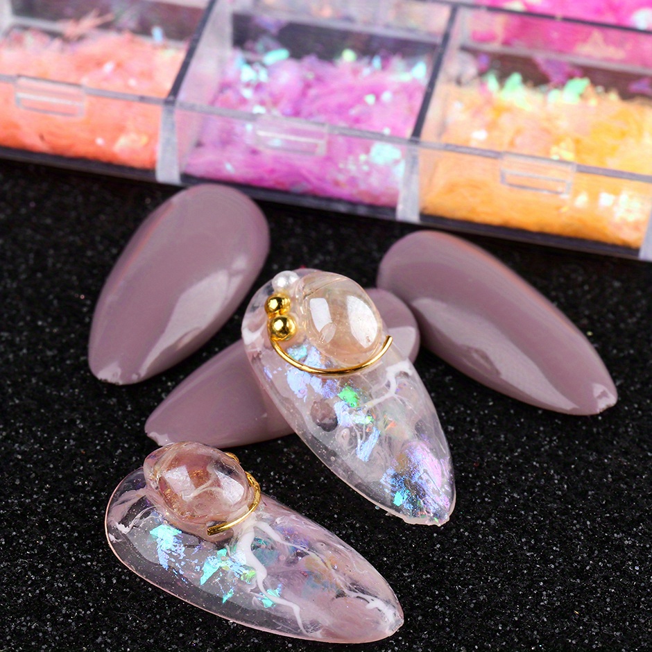 Mermaid Flake Nail Glitter Sequins, CHANGAR Iridescent Ice Slag Nail  Glitter Colorful Fluorescent Glass Paper Nail Sticker Holographic Nail  Glitter