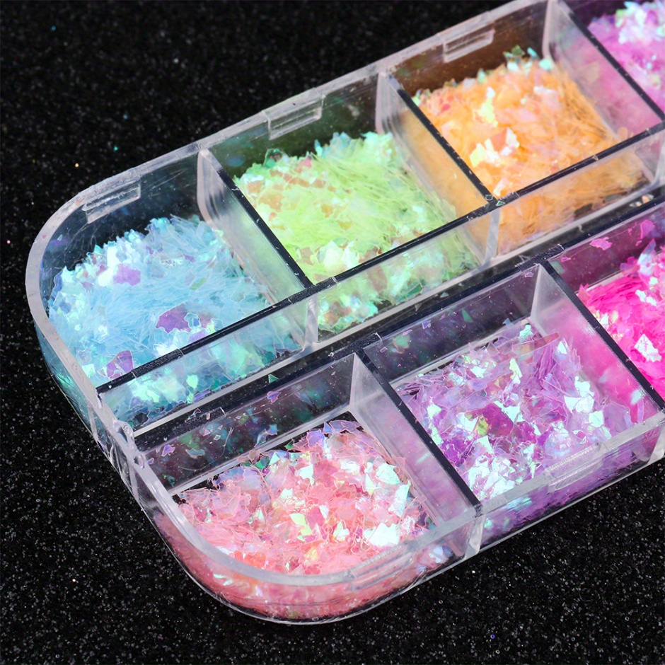 12 Colors Holographic Nail Art Glitter Sequins Iridescent Ice Slag Nail  Glitter Flakes Irregular Mermaid Nail Sequins Colorful Fluorescent Glass  Paper Nail Decoration for Face Hand Body Make-up DIY A4