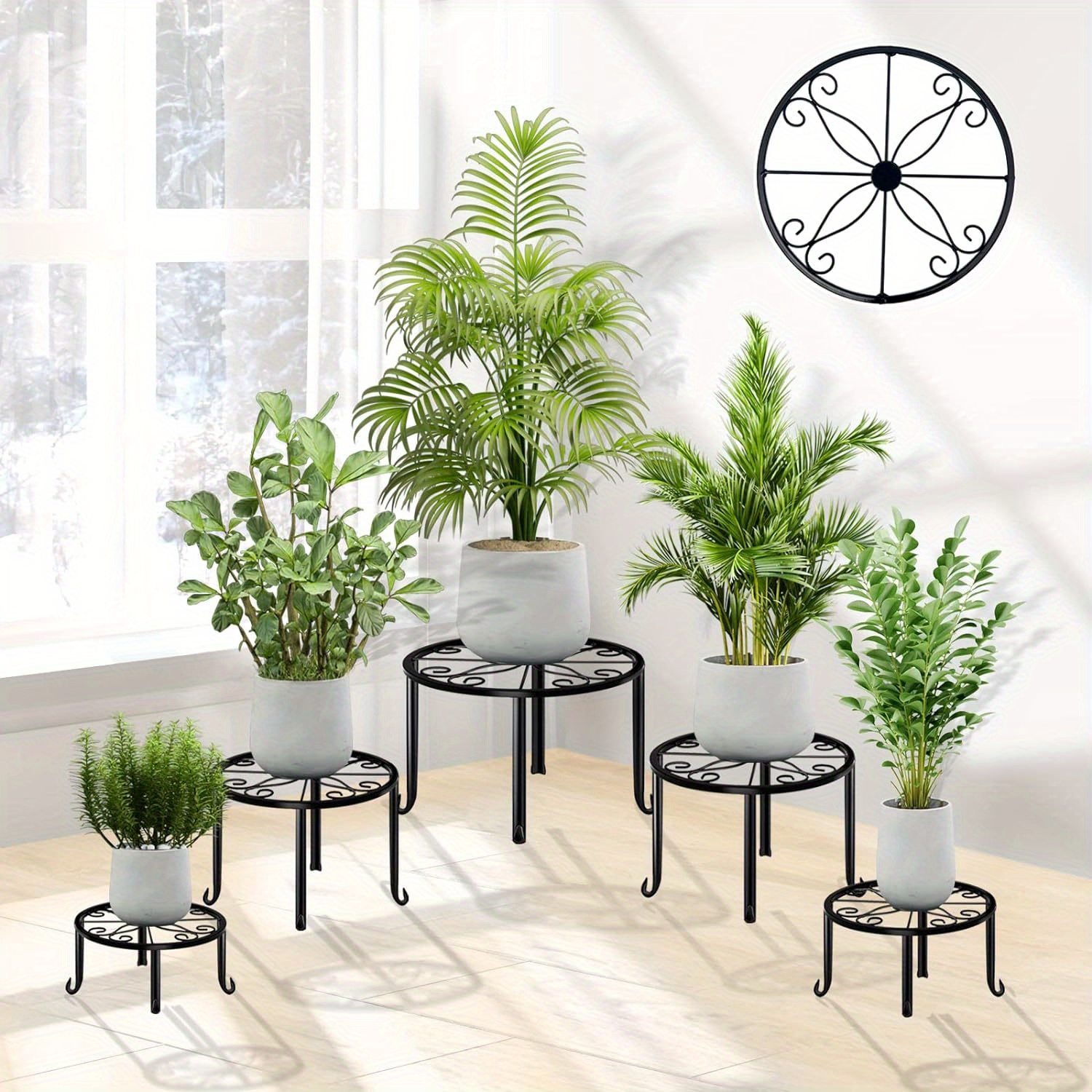 OwnMy Set of 2 Metal Round Plant Stand Rustproof Iron Flower Pot Holder,  Modern Plant Display Potted Rack, Indoor Outdoor Plant Stand Heavy Duty  Plant