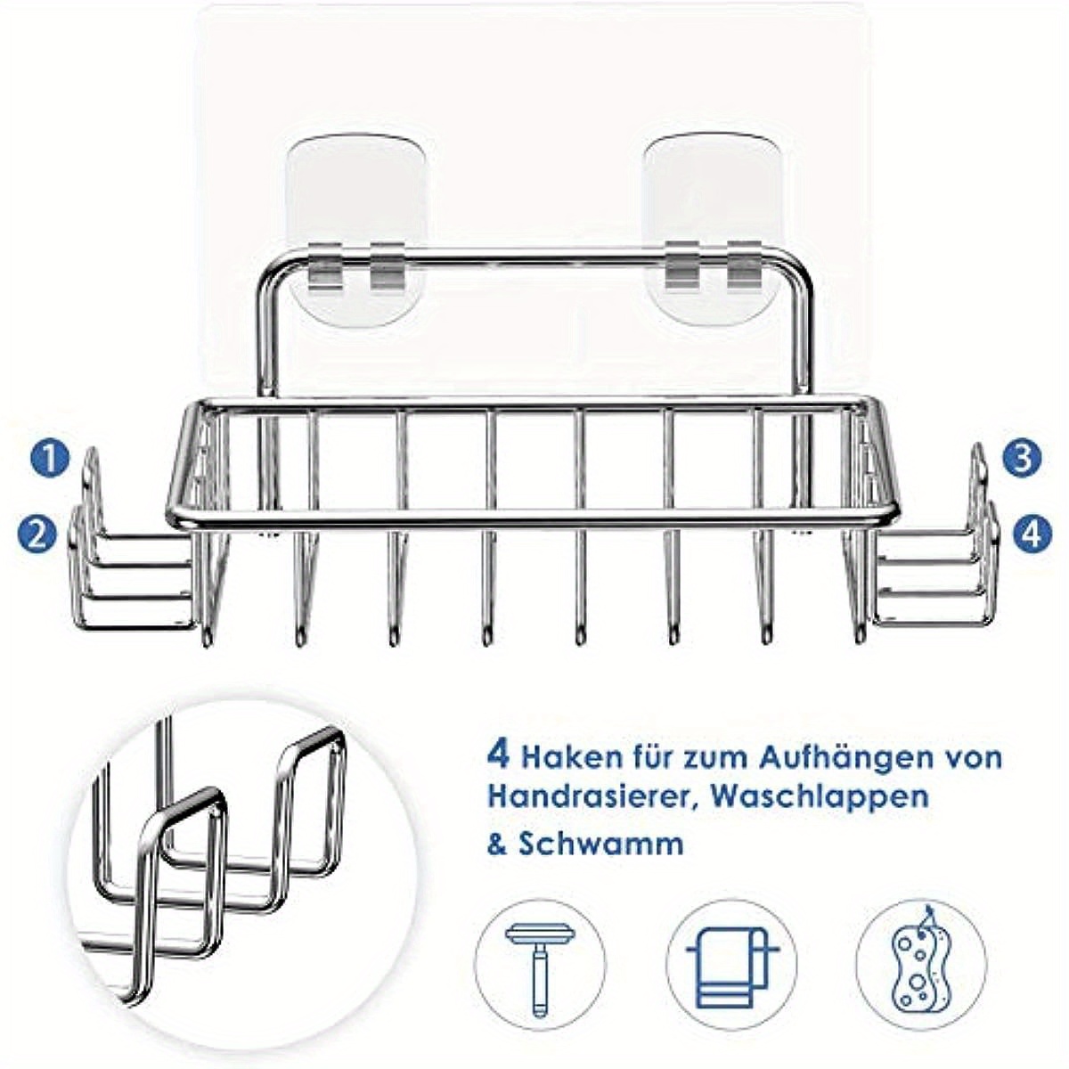 Soap Holder For Shower Wall With 4 Hooks, Stainless Steel Adhesive