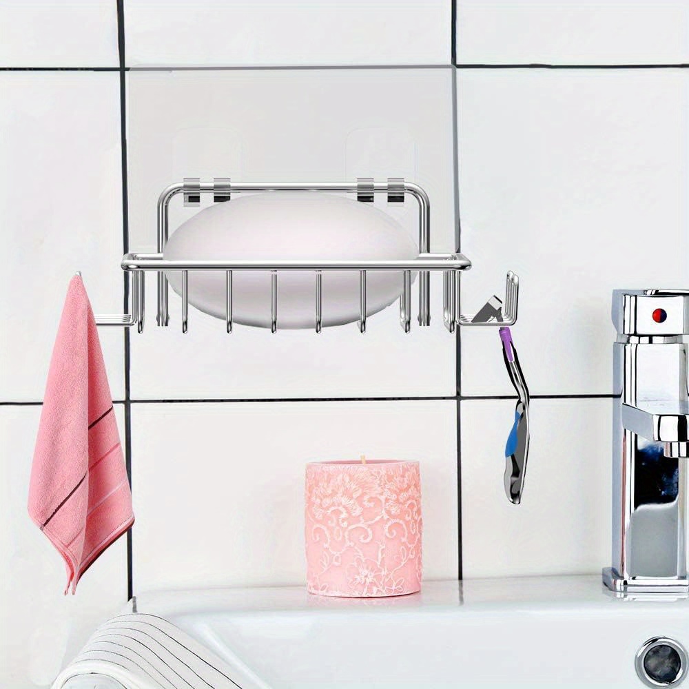 Soap Holder For Shower Wall With 4 Hooks, Stainless Steel Adhesive