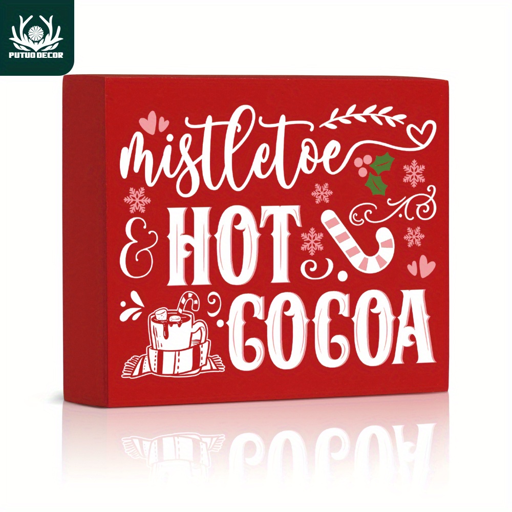 

1pc Putuo Decor Merry Christmas Red Wooden Box Sign, Mistletoe & Hot Cocoa Crafts Desk Decor For Xmas Party Fireplace Cafe Coffee Shop, 4.7 X 5.8 Inches Gifts