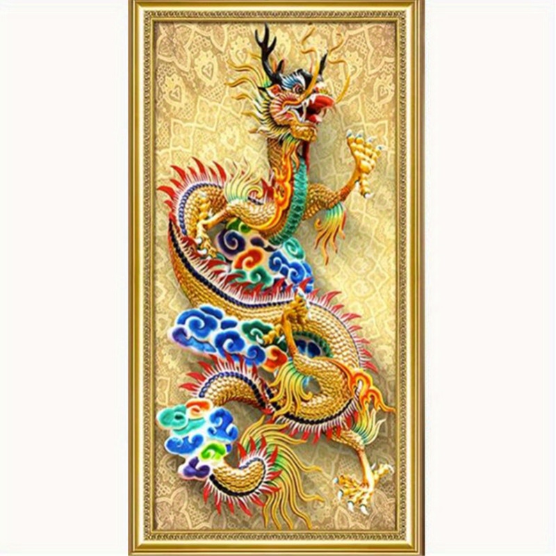 1pc Large Size 50x95cm/19.6x37.4in DIY 5D Artificial Diamond Painting Set  Golden Chinese Dragon Diamond Painting Full Diamond Art Embroidery Cross Sti