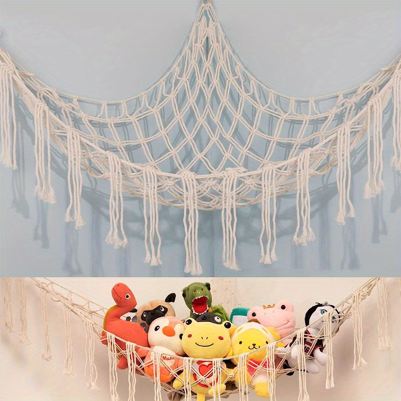 Stuffed Animal Net or Hammock with LED Light, Hanging Corner Net for Stuffed Animals Storage, Toy Organizer for Bedroom Nursery Crib Kindergarten