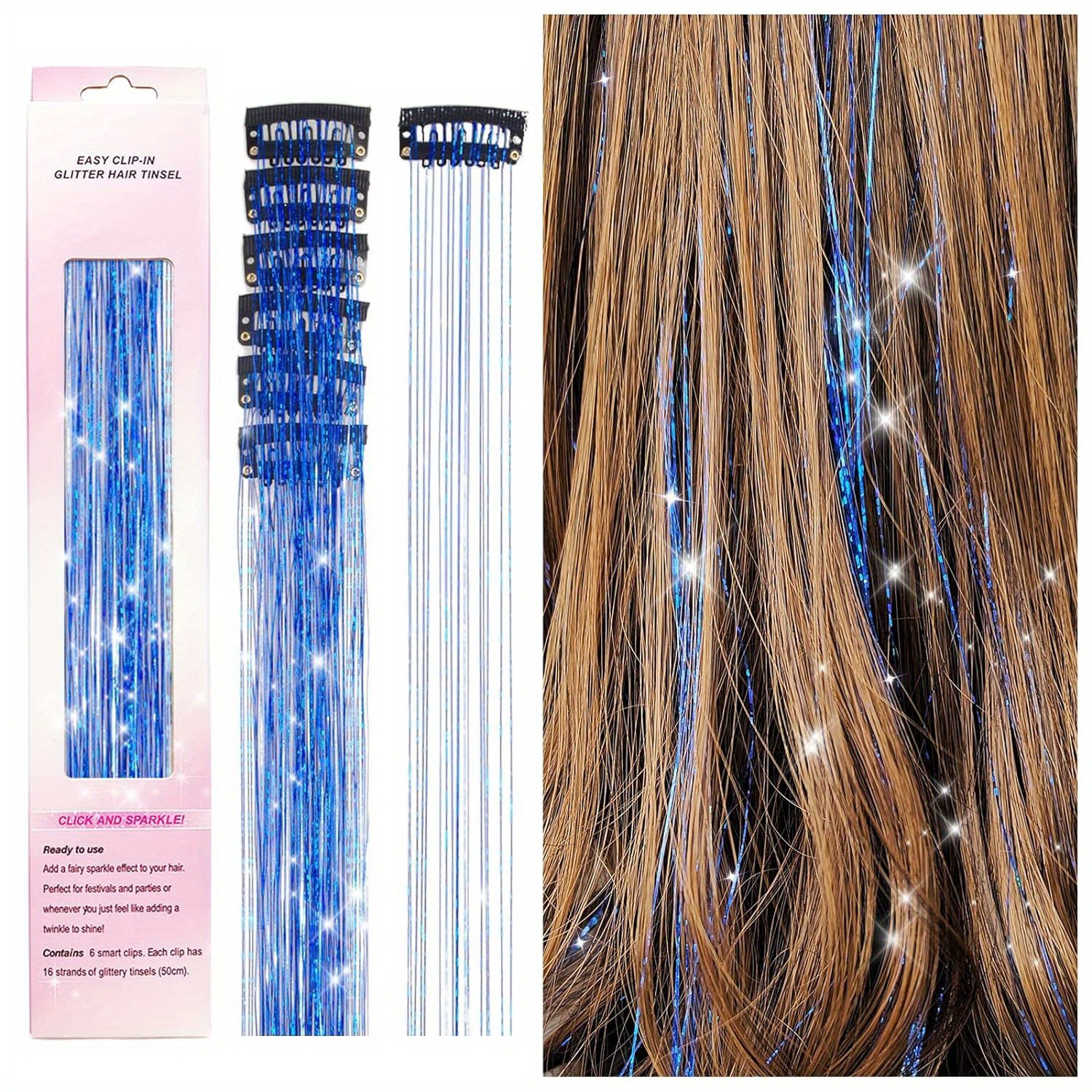 Oropel Haar-Extensions Mit Clip - 12 Stück, 50,8 Cm, Glitzernd Für Festival & Party