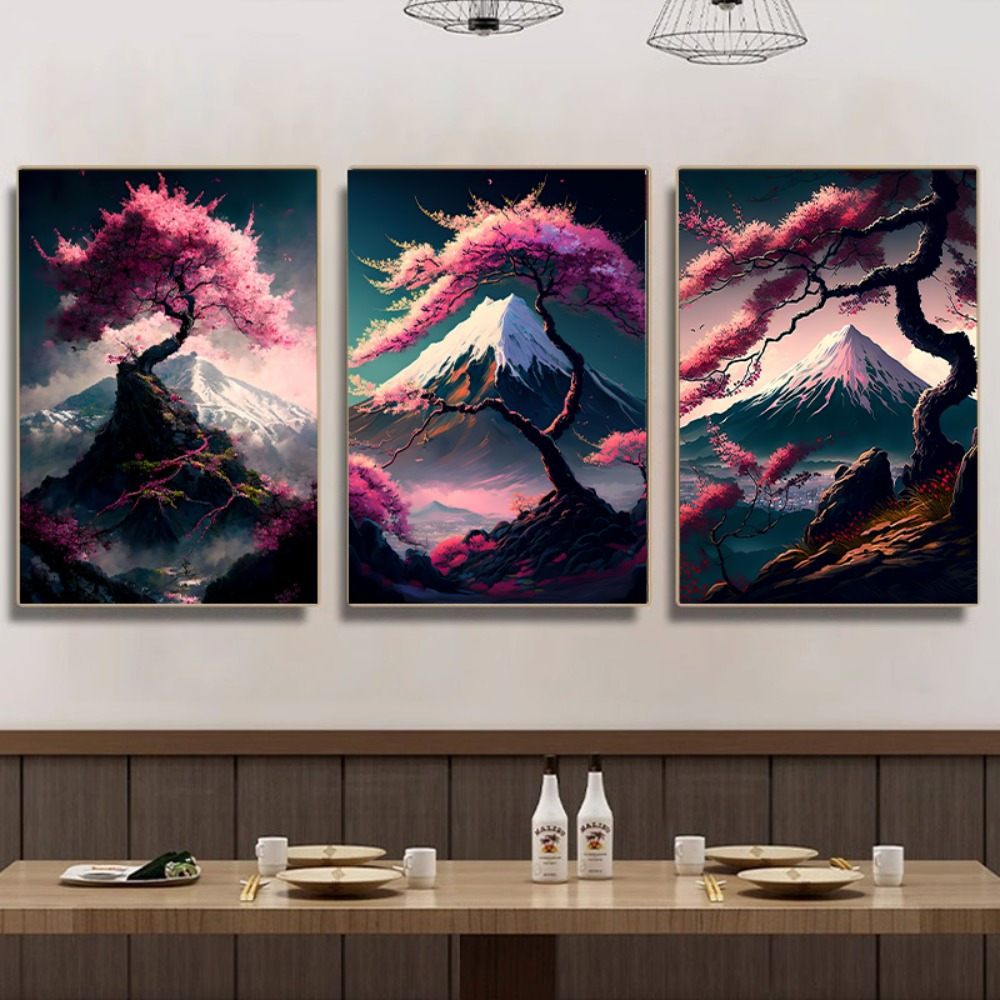 3pcs Poster En Toile, Poster Japon Cerisier En Fleurs, Impression Sur Toile  Mont Fuji Japon, Peinture