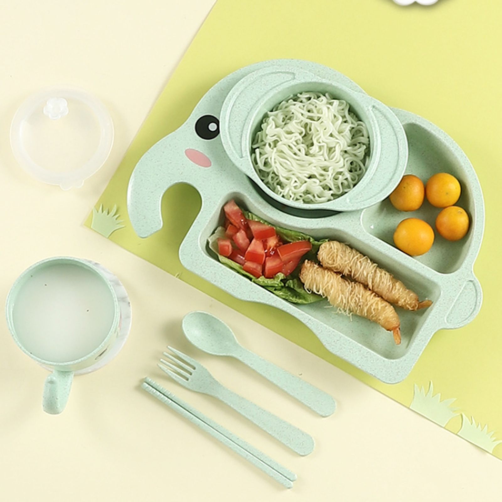 

4pcs/set, Food Grade Meal Plate, Anti-fall Divided Design Plastic Food Supplement Plate Spoon Fork Chopsticks Sey, Cartoon Elephant Plate
