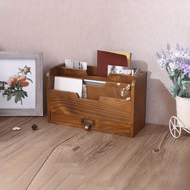 2-Drawer Small Vintage Style Wooden Storage Organizer for Accessories -  Rustic Decorative Box for Office, Desktop Countertop and Incense Storage