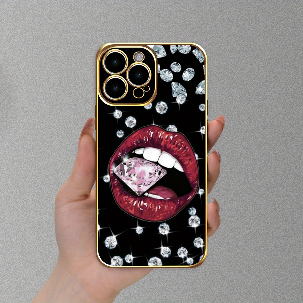 

Electroplated Case Diamond Pattern Red Lips Rich Black Phone Case Wear-resistant Non-slip Phone Case For Iphone 15/14/13/12/11 Plus Pro Max For