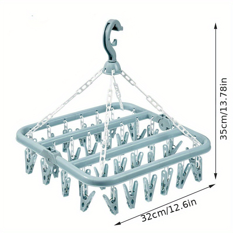 TEMU 1pc Folding Laundry Hanger With 32 Clips, Plastic Windproof Socks Drying Rack For Kids & Adults Clothes, Space-saving & Versatile Indoor/outdoor Use