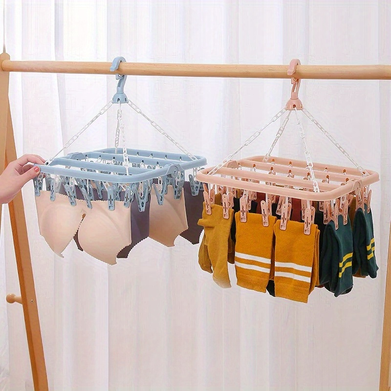 

1pc Folding Laundry Hanger With 32 Clips, Plastic Windproof Socks Drying Rack For Kids & Adults Clothes, Space-saving & Indoor/outdoor Use