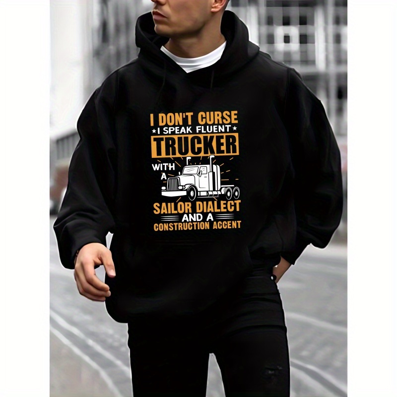 

''i Don't Cause Trucker'' Print Hoodies For Men, Graphic Hoodie With Kangaroo Pocket, Comfy Loose Trendy Hooded Pullover, Mens Clothing For Autumn Winter