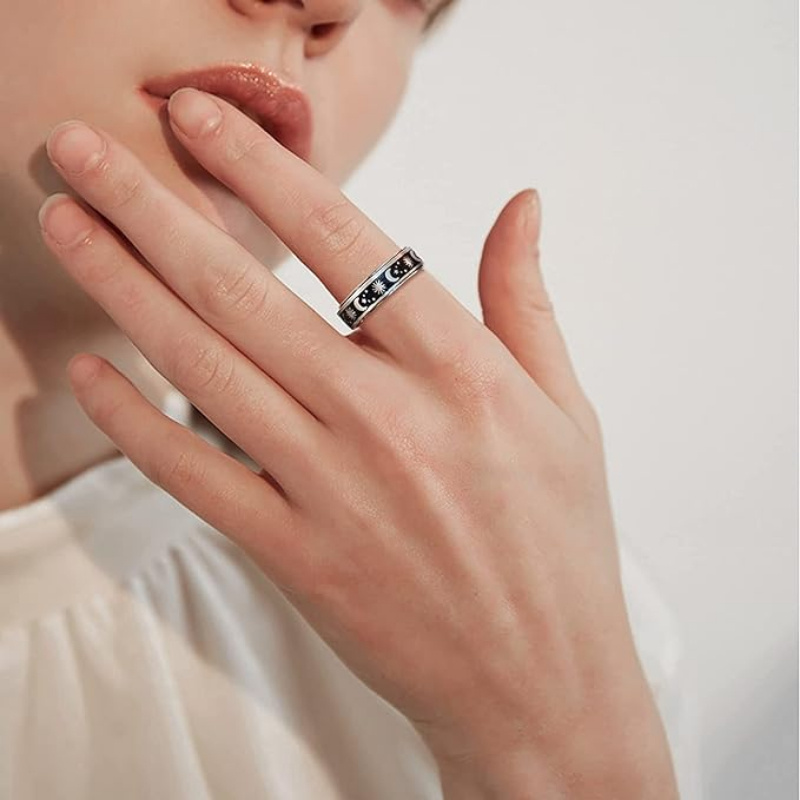 1pc stainless steel interlocking couple rings - rotatable matching sets with   phases, black &   bands, interlocking design for couples - anniversary, graduation, wedding, everyday matching jewelry - minimalist celestial wedding bands for   Product details 6