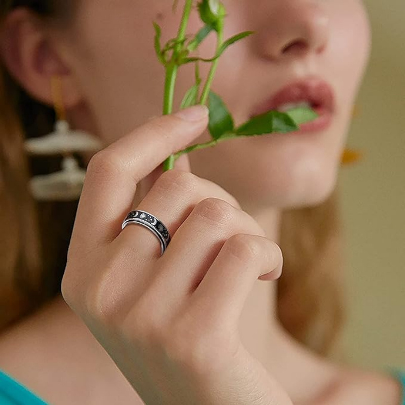 1pc stainless steel interlocking couple rings - rotatable matching sets with   phases, black &   bands, interlocking design for couples - anniversary, graduation, wedding, everyday matching jewelry - minimalist celestial wedding bands for   Product details 5
