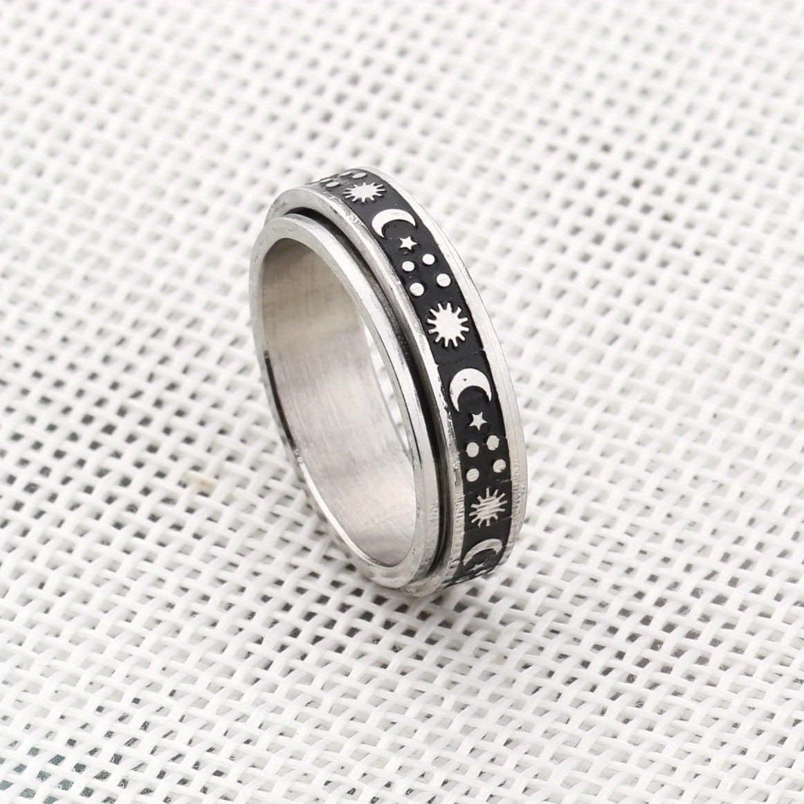 1pc stainless steel interlocking couple rings - rotatable matching sets with   phases, black &   bands, interlocking design for couples - anniversary, graduation, wedding, everyday matching jewelry - minimalist celestial wedding bands for   Product details 2