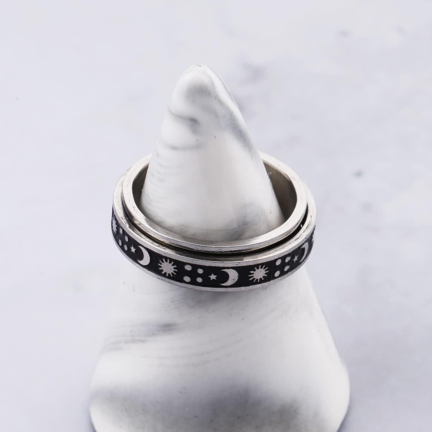1pc stainless steel interlocking couple rings - rotatable matching sets with   phases, black &   bands, interlocking design for couples - anniversary, graduation, wedding, everyday matching jewelry - minimalist celestial wedding bands for   Product details 0