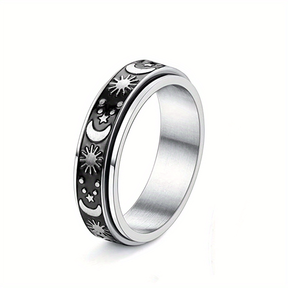 1pc stainless steel interlocking couple rings - rotatable matching sets with   phases, black &   bands, interlocking design for couples - anniversary, graduation, wedding, everyday matching jewelry - minimalist celestial wedding bands for   Product details 7