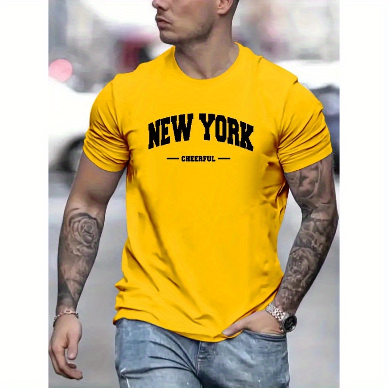

New York Cheerful Print T Shirt, Tees For Men, Casual Short Sleeve T-shirt For Summer
